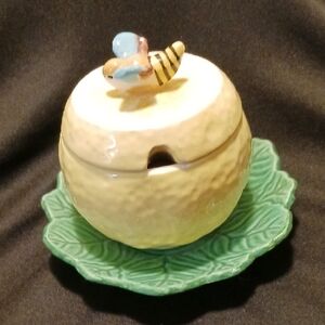 Ceramic Honey Pot with Bee Lid and Green Leaf Base By NIPPON 1980-90'S